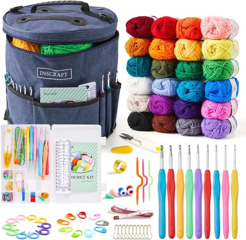 Inscraft Crochet Kit for Beginners Adults Kids - Great Knitting Starter Kit for Colorful Craft for Professionals, Make Amigurumi Projects Includes 24 Colors Yarn, Hooks, Instructions, a Durable Bag - Image 1
